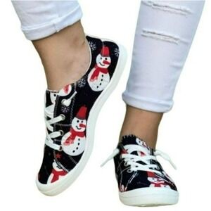 Canvas Slippers Women's Christmas Shoes Snowman Pattern Lace Up Front Size 9 NEW